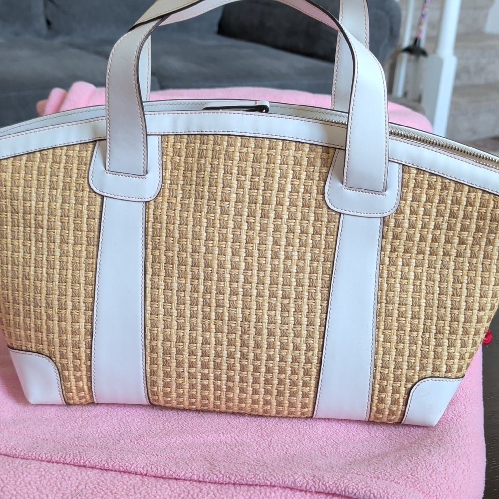 Maxx New York Natural Straw Tote with White Trim - Picture 2 of 3
